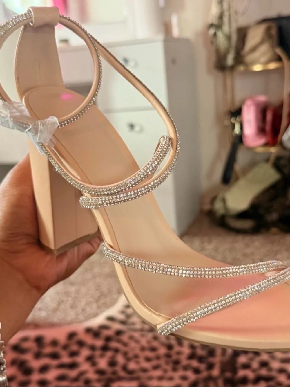 Elegant Blush Strappy Block Heel Sandals with Rhinestone Detail